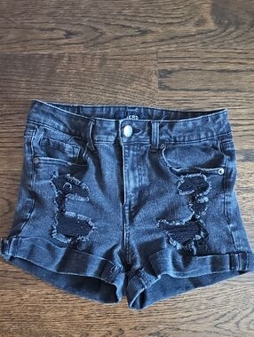 aero high rise midi Black Distressed Denim Women's Shorts